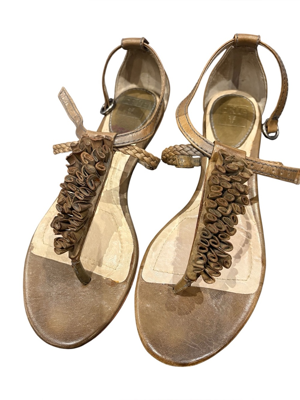 Frye Leather Brown Flower T-Strap Leather Sandals - Women, size 7